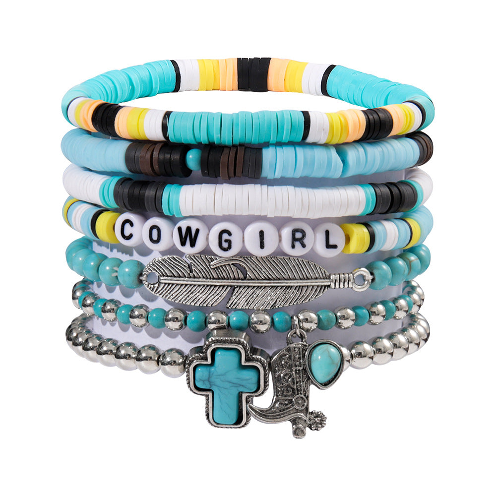 Wholesale Personalized Bull Head Turquoise Beaded Elastic Bracelet Set